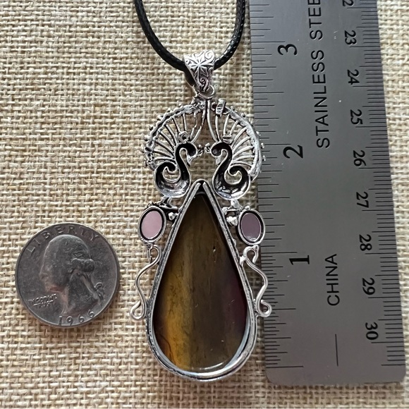 New Unique Tigers Eye Peacock Pink Chalcedony Silver Overlay Pendant Necklace - Picture 5 of 6